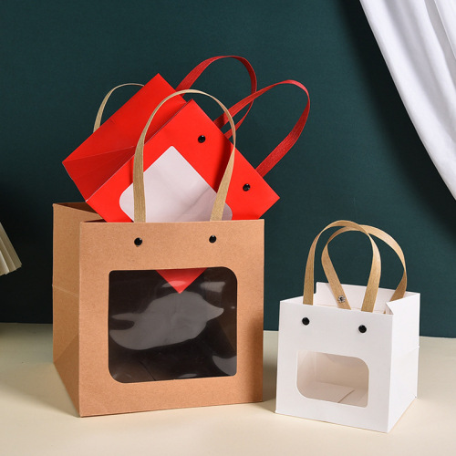 开窗透明礼品袋正方形盆栽礼袋礼物纸袋包装袋牛皮手提袋鲜花袋