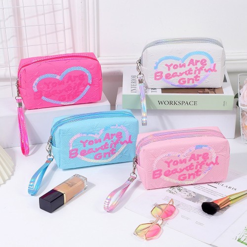 新款英文印花化妆包创意爱心亮片八角收纳包便携式旅游手提洗漱包