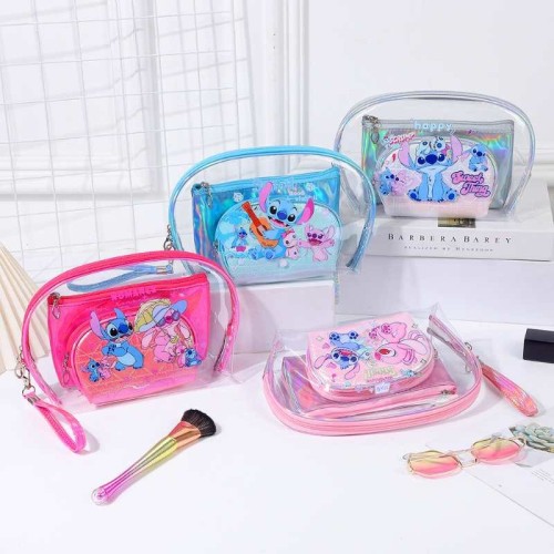 跨境可爱卡通PU史迪仔三件套手提化妆包便携旅行化妆品洗漱收纳袋