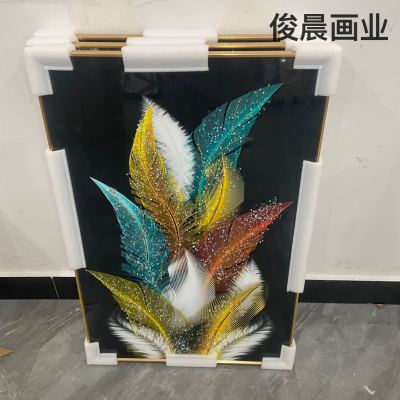 Aluminum Alloy Frame Crystal Porcelain Painting Crystal Porcelain Bright Crystal with Diamond Line Decorative Painting Nordic Feather Abstract Mural Pachira Macrocarpa