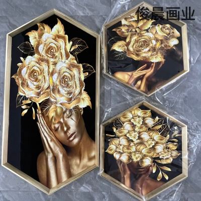 Crystal Porcelain Painting Special-Shaped Decorative Painting Dining Room/Living Room Bright Crystal Hexagonal Three-Piece Mural Crafts Hexagonal Photo Frame