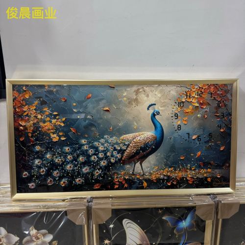 客厅餐厅晶瓷钟表画PS框孔雀马风景动物装饰画壁画工艺品相框挂画