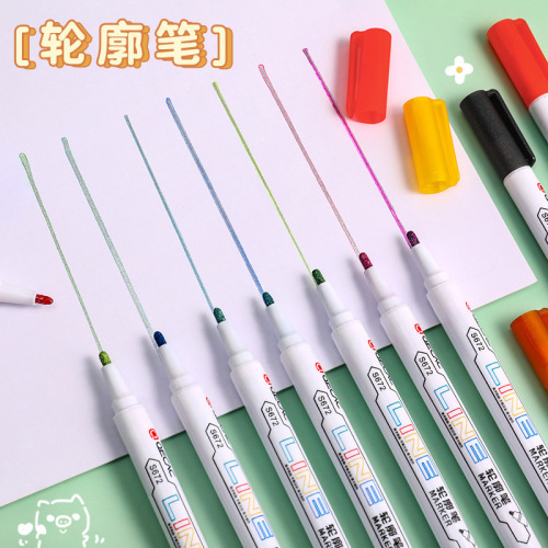 创意双色轮廓笔学生用大容量荧光笔彩色标记记号笔绘画涂鸦马克笔
