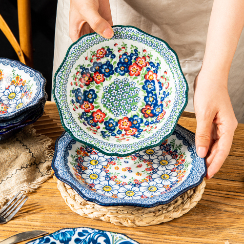 波兰风陶瓷8.5寸菜盘家用复古深盘早餐盘牛排盘水果盘