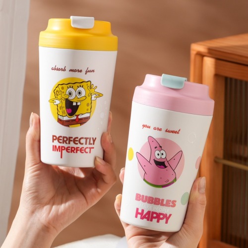 海绵宝宝派大星双层陶瓷杯子情侣款对杯带盖养生咖啡杯