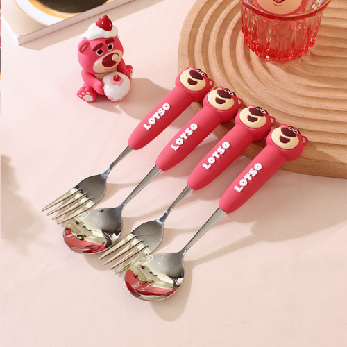 迪士尼草莓熊304不锈钢勺子叉子家用儿童勺子批发吃饭勺