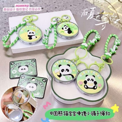 Chinese Panda Flower Girl Makeup Mirror Ornaments Car Key Chain Cute Folding Couple Bags Pendant Gift