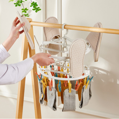 Multifunctional Folding Clothes Hanger 24 Clip Ankle Sock Drying Rack Strong Windproof Underwear Drying Storage Rack