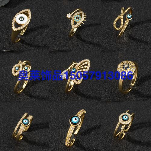 Europe and America Cross Border Ornament Supply Copper Zircon Enamel Drop Oil Ring Female Evil Eye Retro Little Finger Ring Opening Ring