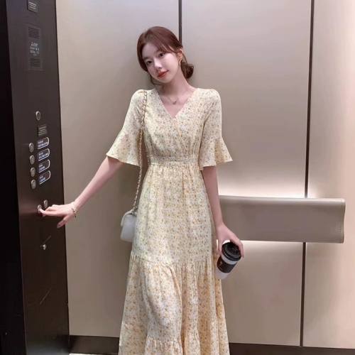 2023 Spring New Korean Floral Chiffon Dress Women‘s Clothing Waist Trimming Slimming Skirt Stall Supply Wholesale
