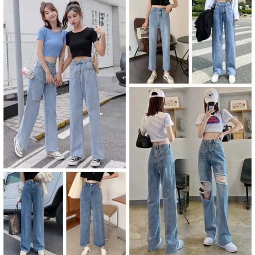 women‘s denim pants loose denim pants high waist summer new retro ripped straight feet internet celebrity pants