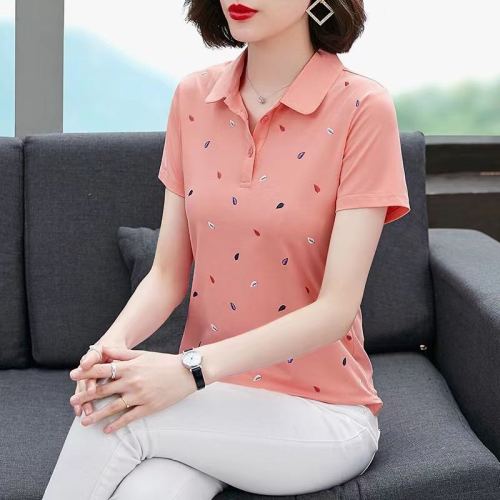 Pearl Cotton Polot Shirt Women‘s Short-Sleeved Lead Mother Loose Top Women‘s Lapel Sports Factory Leftover Stock