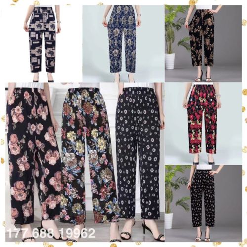 factory direct summer cool ice silk women‘s pants ice silk women‘s flower pants cropped mosquito-proof pants flower pants middle-aged and elderly casual pants
