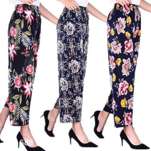 factory direct summer cool ice silk women‘s pants ice silk women‘s flower pants cropped cropped flower pants middle-aged and elderly casual pants