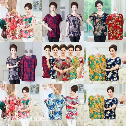 Summer 2023 Middle-Aged and Elderly Women‘s T-shirt Large Size Mom‘s Shirt Wholesale Ice Silk Short Sleeve Stall Fair Temple Fair Goods