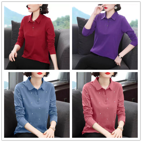 Factory Supply Direct Wholesale Spring and Summer Middle-Aged and Elderly Women‘s Long-Sleeved Lapel T-shirt Polo Shirt Night Market Stall Wholesale