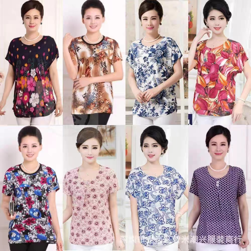 middle-aged and elderly women‘s clothing summer wholesale new flower pattern old tai shirt loose large size ice silk shirt mother manufacturers sell themselves