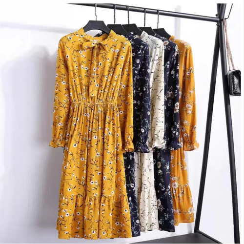 fresh long-sleeved floral dress chiffon dress long dress for women 2024 spring new korean style dress factory tail goods direct batch