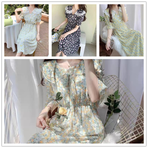 2024 spring and summer new korean style simple chiffon floral dress women‘s waist slimming night market stall wholesale