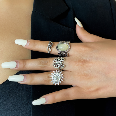 Vintage Versatile INS-style Rings, Flower Gemstone Ring Set, Cross-Border Accessory