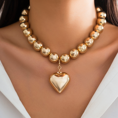 INS-style Necklace, Smooth Round Bead Heart Neck Chain, Niche Exaggerated Punk Style Neck Chain