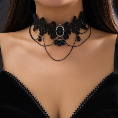 INS-style Choker, Black Lace Gem Fringe Collar, Vintage Dark and Sexy Necklace