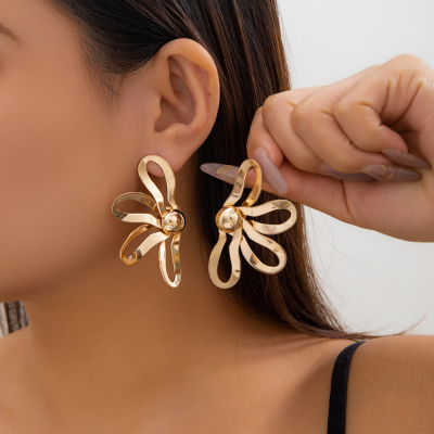 retro floral earrings for women, unique black cord earrings, niche hollow flower ear studs