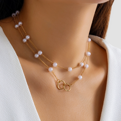 Versatile Imitation Pearl Sweet Necklace Simple Rhinestone Tassel Multi-Layer Necklace Accessories