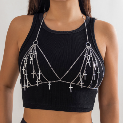 Edgy and Cool Cross-shaped Hollow Fringe Bikini Body Chain Sexy Nightclub Style, Multi-layered Body Chain for Women