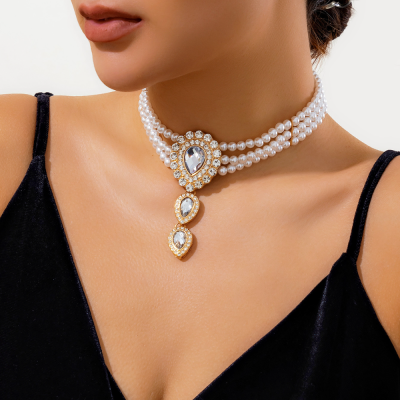 Fashionable Jewelry Imitation Pearl and Rhinestone Chic Necklace, Elegant Vintage Style Beaded Choker