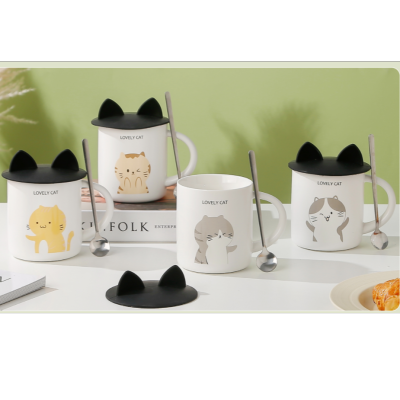 Cute Cat Cover and Spoon Ceramic Cup Mug Office Coffee Cup Couple's Cups Home Breakfast Cup Gift Cup