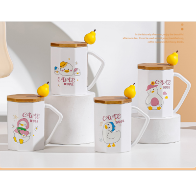 Creative New Cartoon Yali Pear Ceramic Cover Spoon Cup Mug Office Water Glass Coffee Cup Home Breakfast Cup
