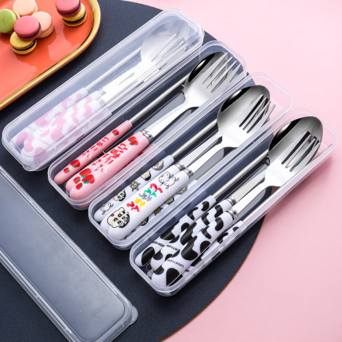 stainless steel portable tableware three-piece set student travel office worker cute good-looking chopsticks spoon fork suit