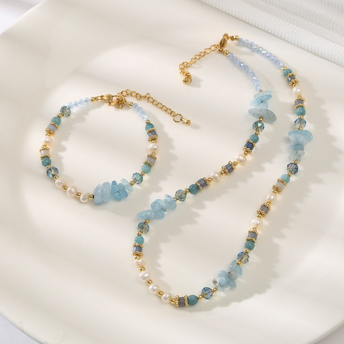 海蓝宝蓝水晶巴洛克淡水珍珠项链轻奢饰品小众百搭气质复古锁骨链