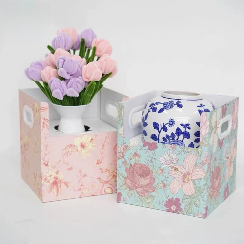 红简约双把手盆栽瓶花盒网红鲜花盆栽手提盒花艺插花包装盒手提盒