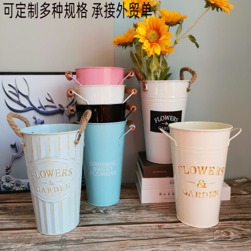 厂家现货跨境花桶鲜花铁皮桶干花养花桶花盆插花铁艺花瓶醒花桶