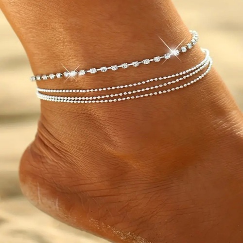 欧美跨境热销饰品时尚高级感镶钻多层脚饰简约个性沙滩风脚链女