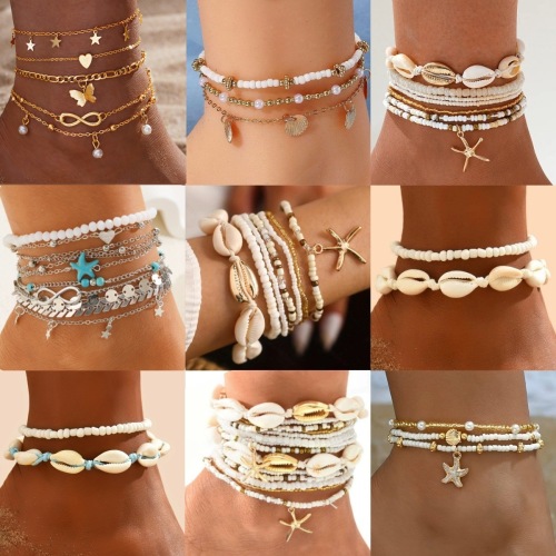 跨境新款贝壳小海星乌龟米珠不规则松石串珠海边度假脚链项链手链