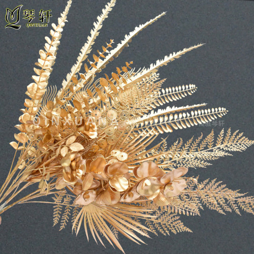 金色仿真花尤加利银杏叶年宵花新年福桶花材过年插花红果批发