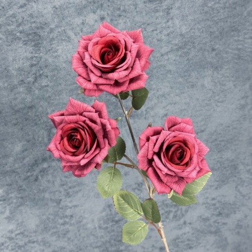 仿真涂层网纹3头钻石玫瑰婚礼家居装饰布置跨境手工假花摆件批发