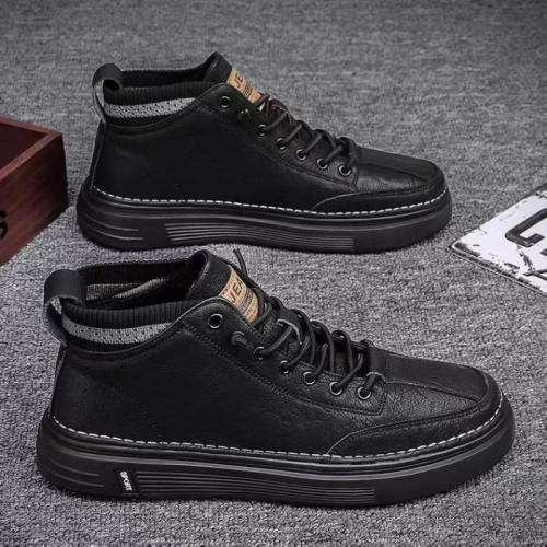 Men‘s Shoes Trendy， Smart and All-Matching Korean Men‘s Shoes 2023 New Spring Black Board Shoes High-Ankle Leather Casual Shoes