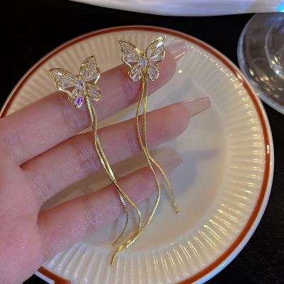 New Sterling Silver Needle Full Diamond Butterfly Tassel Earrings Women's Korean High-Grade Light Luxury French Slimming Graceful Earrings