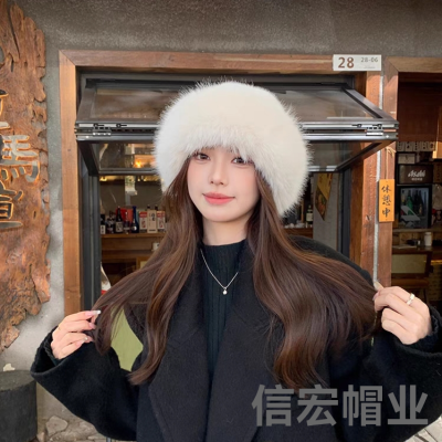 Plush Mongolian Hat Women's Autumn and Winter Cold-Proof White Warm Northeast Basin Hat Ear Protection Hat Fox Fur Fisherman Hat Fur
