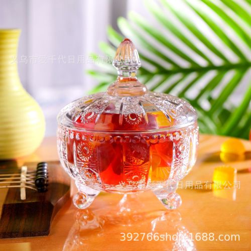 欧式太阳花三角糖果罐浮雕玻璃密封罐饰品干果零食罐糖缸家居摆件