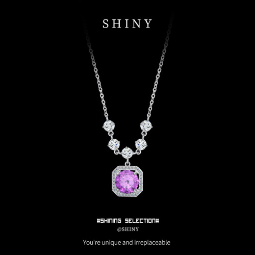 925纯银紫色莫桑方糖项链女锁骨日韩时尚轻奢ins小众设计超闪吊坠
