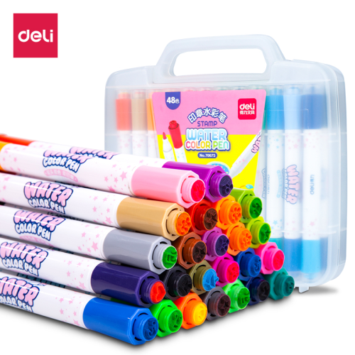 得力70675_48色双头印章水彩笔双头双色大容量48色学生水彩笔(混)
