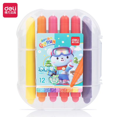 Deli HM512-12_PP Boxed Cute Ski Thick round Brush Pot Food Grade Washable Watercolor Pen (Mixed) (Box)