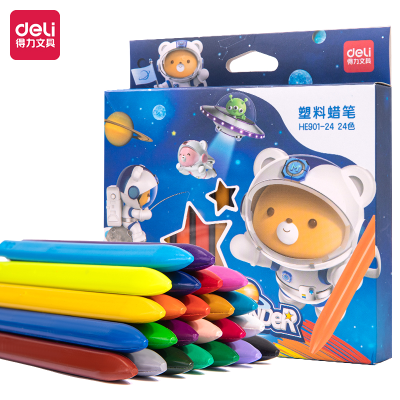 Deli He901-24 Color Box Package Fine Triangle Pole Plastic Crayons Colorful (Mixed)(24 Colors/Box)