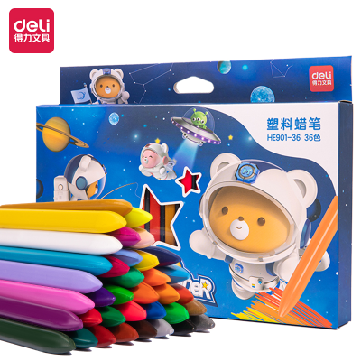 Deli He901-36 Color Box Package Fine Triangle Pole Plastic Crayons Colorful (Mixed)(36 Colors/Box)