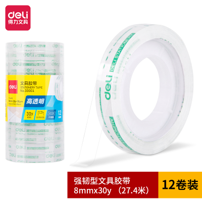 Deli 30001 Tough Type Stationery Adhesive Tape Strong Adhesive Strength 8mm * 30y * 38um (High Permeability)(12 Rolls/Tube)
